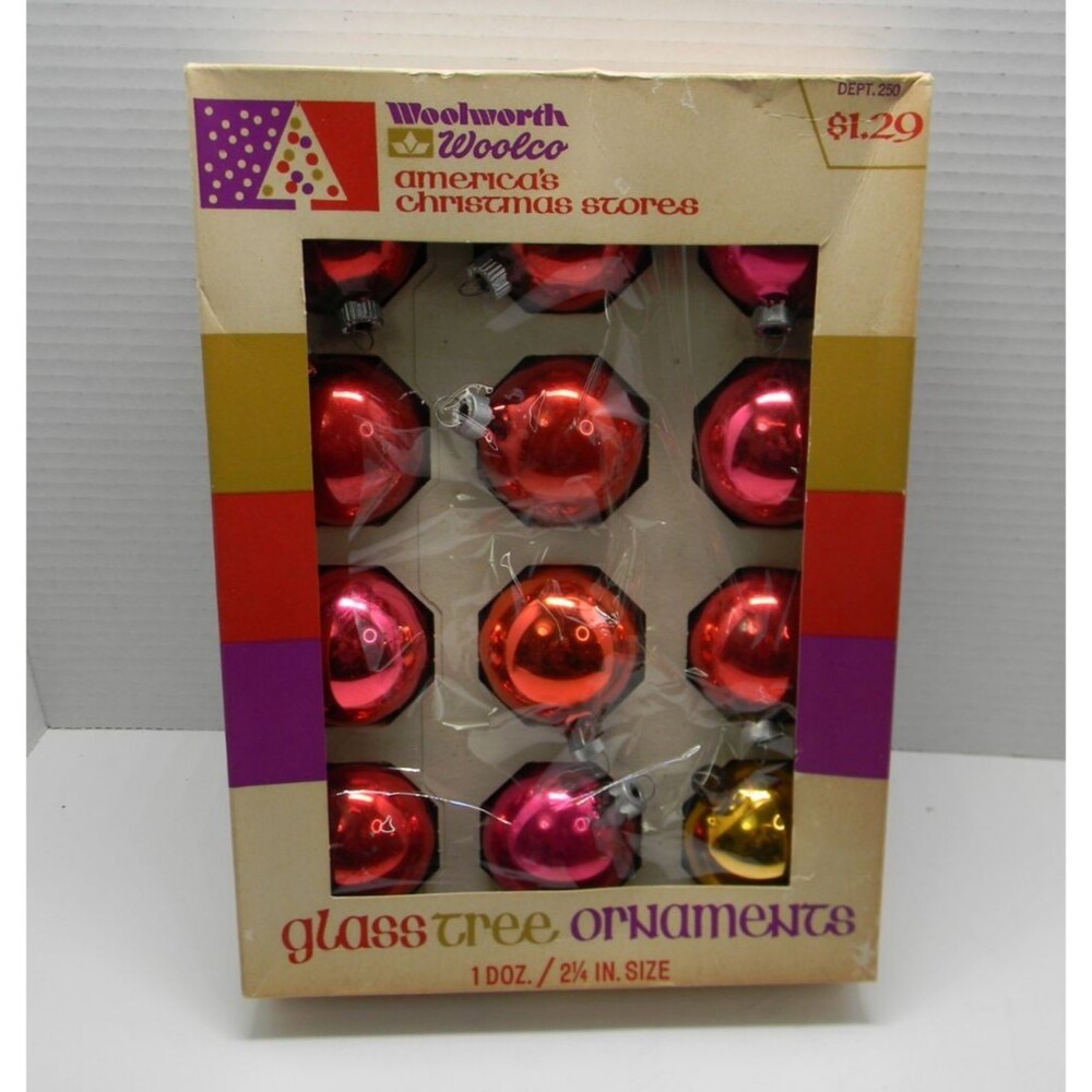 Woolworth Woolco Glass Tree Ornaments Vintage In Box 12 Count Made in USA
